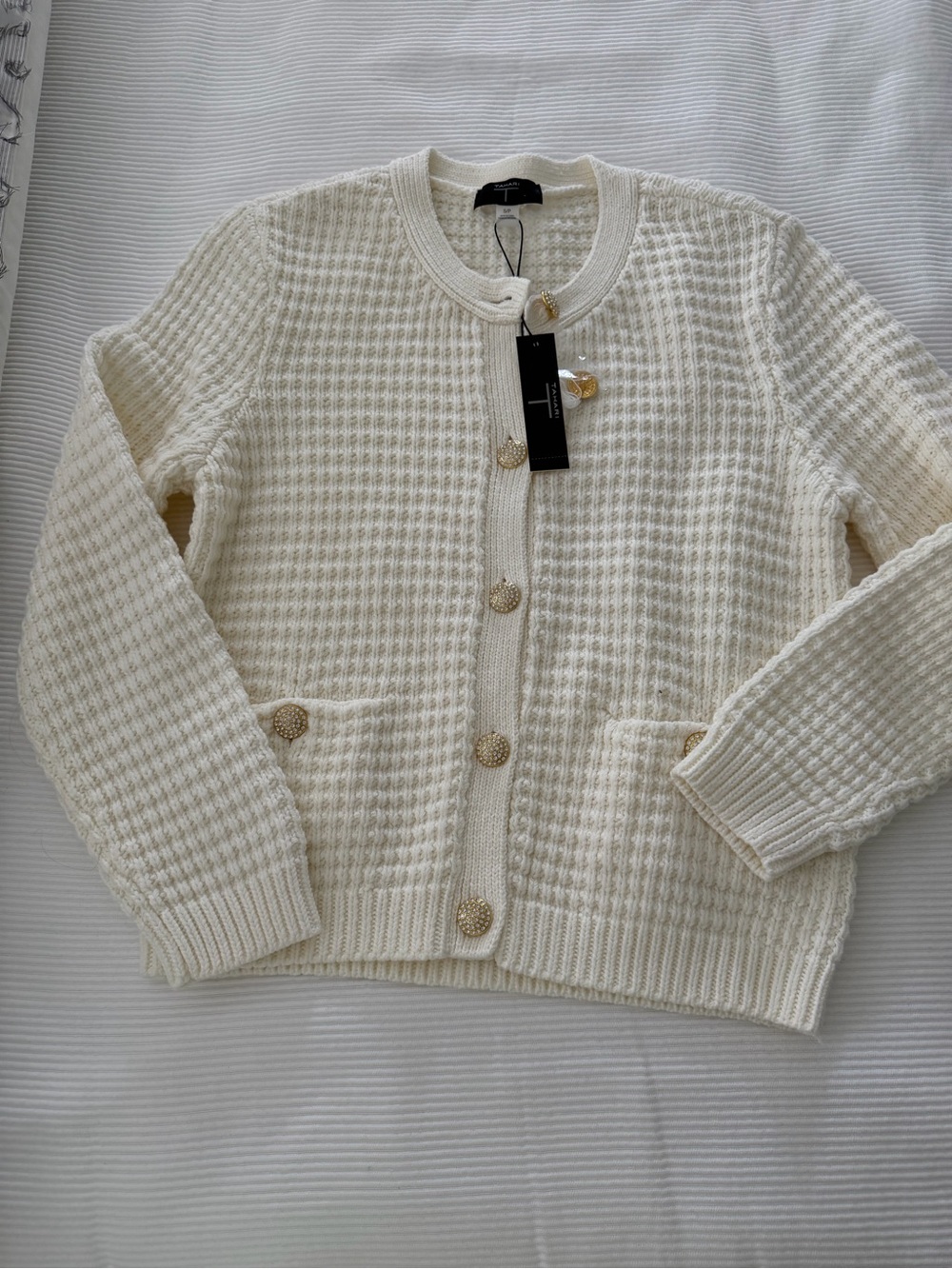 NWT Classic Cream Knit Button-Front Sweater Cardigan with rhinestone buttons